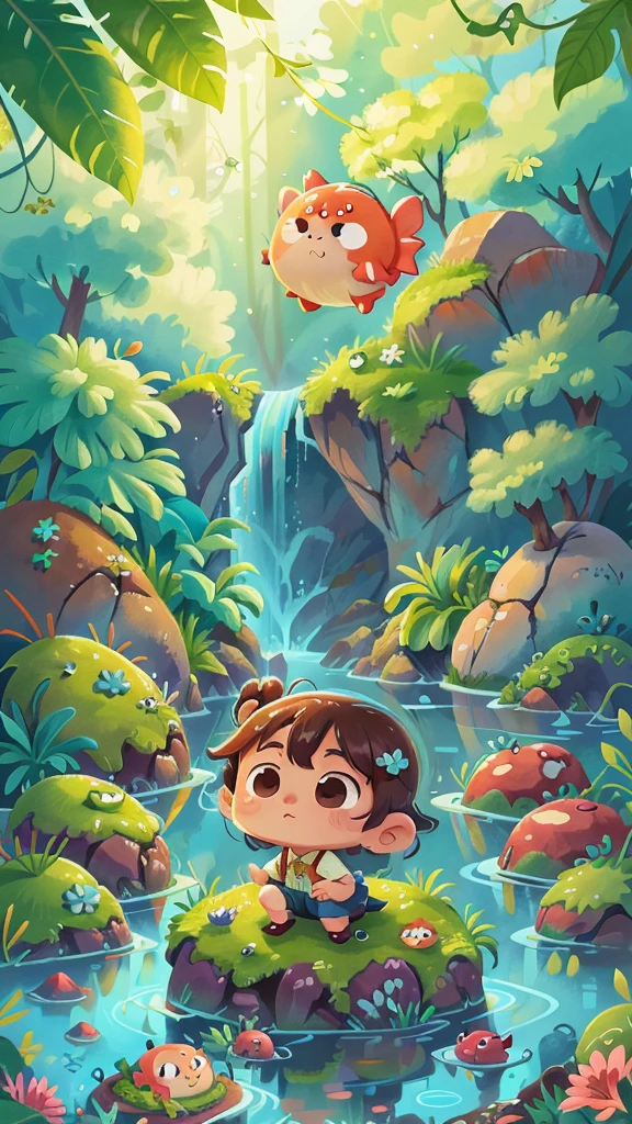 water里自在的鱼,cute,water,water草,Rich in color, this illustration is a 4K high-definition illustration,The facial features are rich in detail,Cartoon Style,Cartoon Animals 1.5,