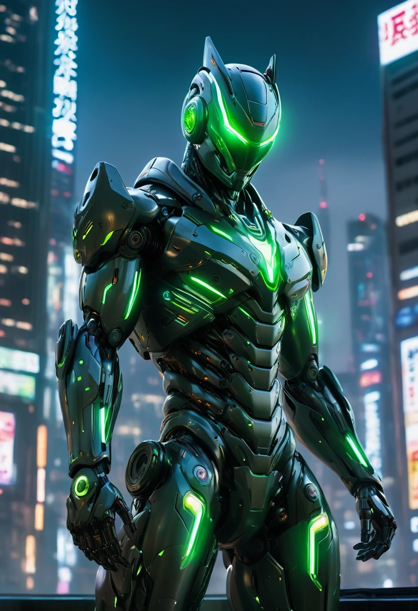 A male biotech battle suit, ultra technological android body, several lights on his body, mechanical arms and legs, cyberpunk android standing on a roof, looking at the city, Japanese Tokusatsu and American comic style, biometallic texture of the suit, body robotic, elegant and bright, Dynamic, fast, cold night, technological armor with green lights, cinematic, high quality, High resolution, high detail, Sophisticated design, dramatic, High definition, ultra-detailed, Ultra-fine painting, extremely delicate, creativity, cold night, cinematic lighting, best shadow, perfect-anatomy-masterpiece