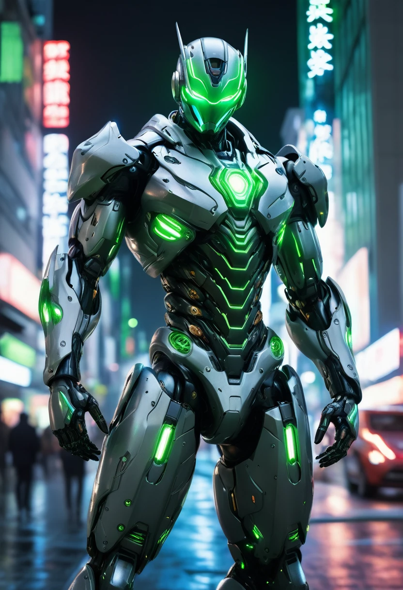 A male biotech battle suit, ultra technological android body, several lights on his body, mechanical arms and legs, cyberpunk android standing on a roof, looking at the city, Japanese Tokusatsu and American comic style, biometallic texture of the suit, body robotic, elegant and bright, Dynamic, fast, cold night, technological armor with green lights, cinematic, high quality, High resolution, high detail, Sophisticated design, dramatic, High definition, ultra-detailed, Ultra-fine painting, extremely delicate, creativity, cold night, cinematic lighting, best shadow, perfect-anatomy-masterpiece