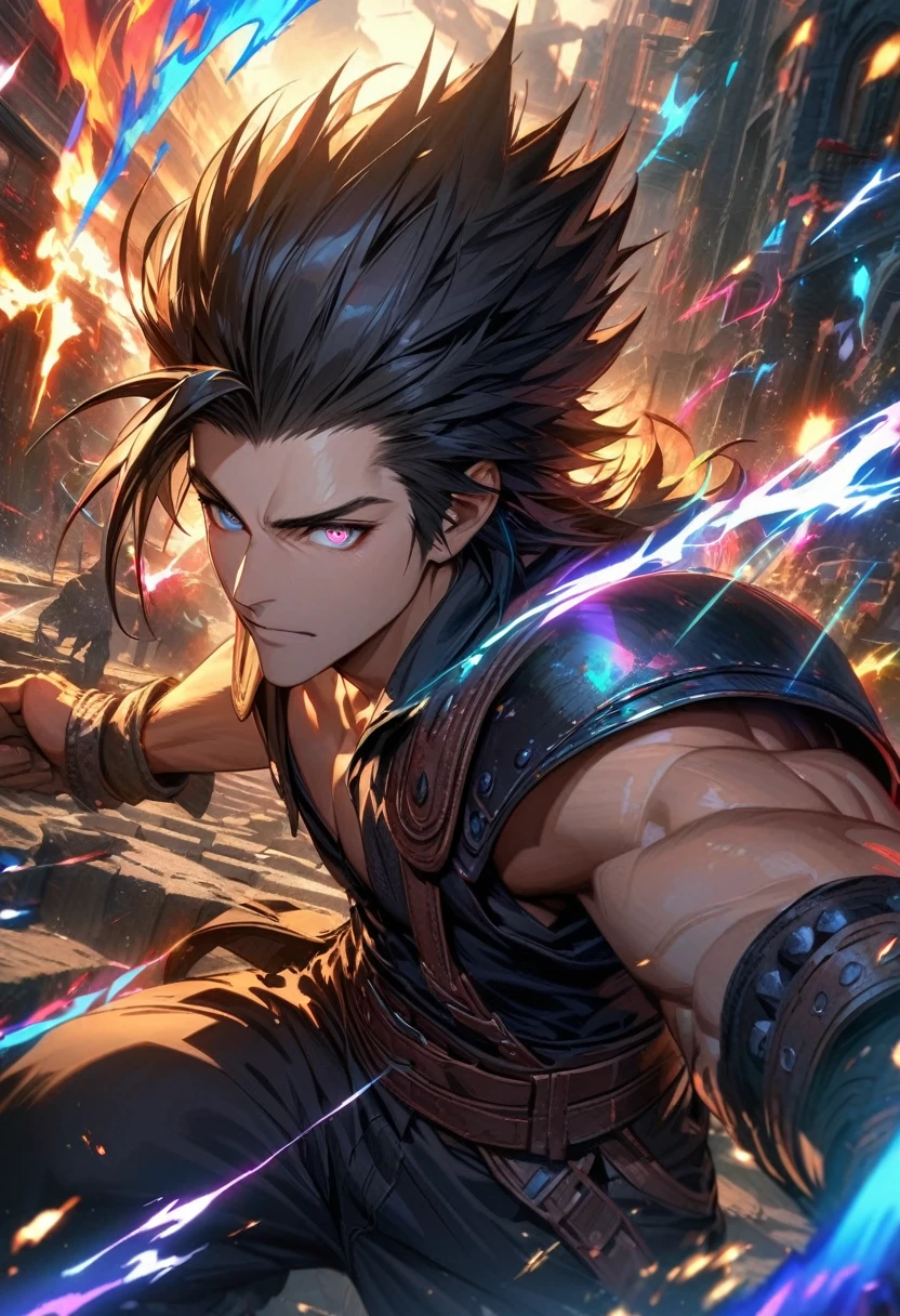 Symetrical,absurdres, highres, ultra detailed, HDR, masterpiece, extremely detailed face and eyes, zack,final fantasy 7, black hair , , solo, man, handsome, ,, , Epic fight scene, colorful lightning effect, glowing glitters, colorful splashing effect, colorful flames, 