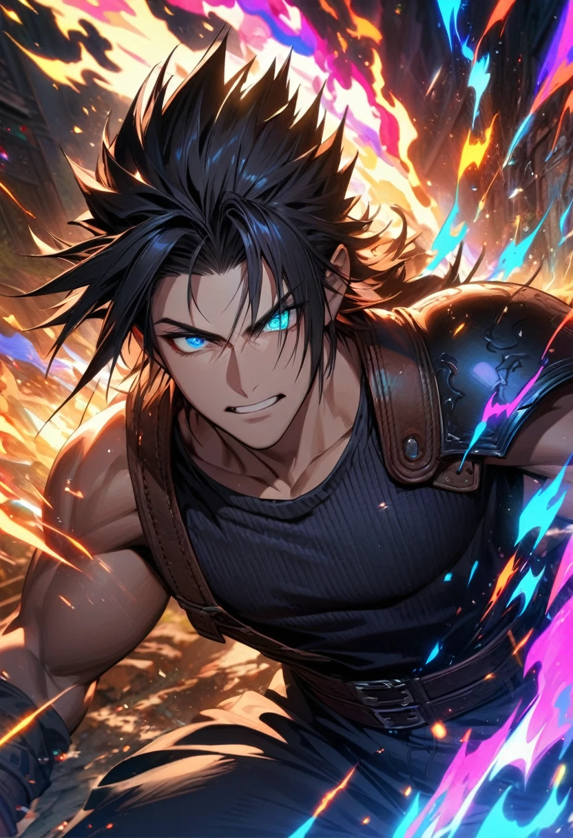 Symetrical,absurdres, highres, ultra detailed, HDR, masterpiece, extremely detailed face and eyes, zack,final fantasy 7, black hair , , solo, man, handsome, ,, , Epic fight scene, colorful lightning effect, glowing glitters, colorful splashing effect, colorful flames,