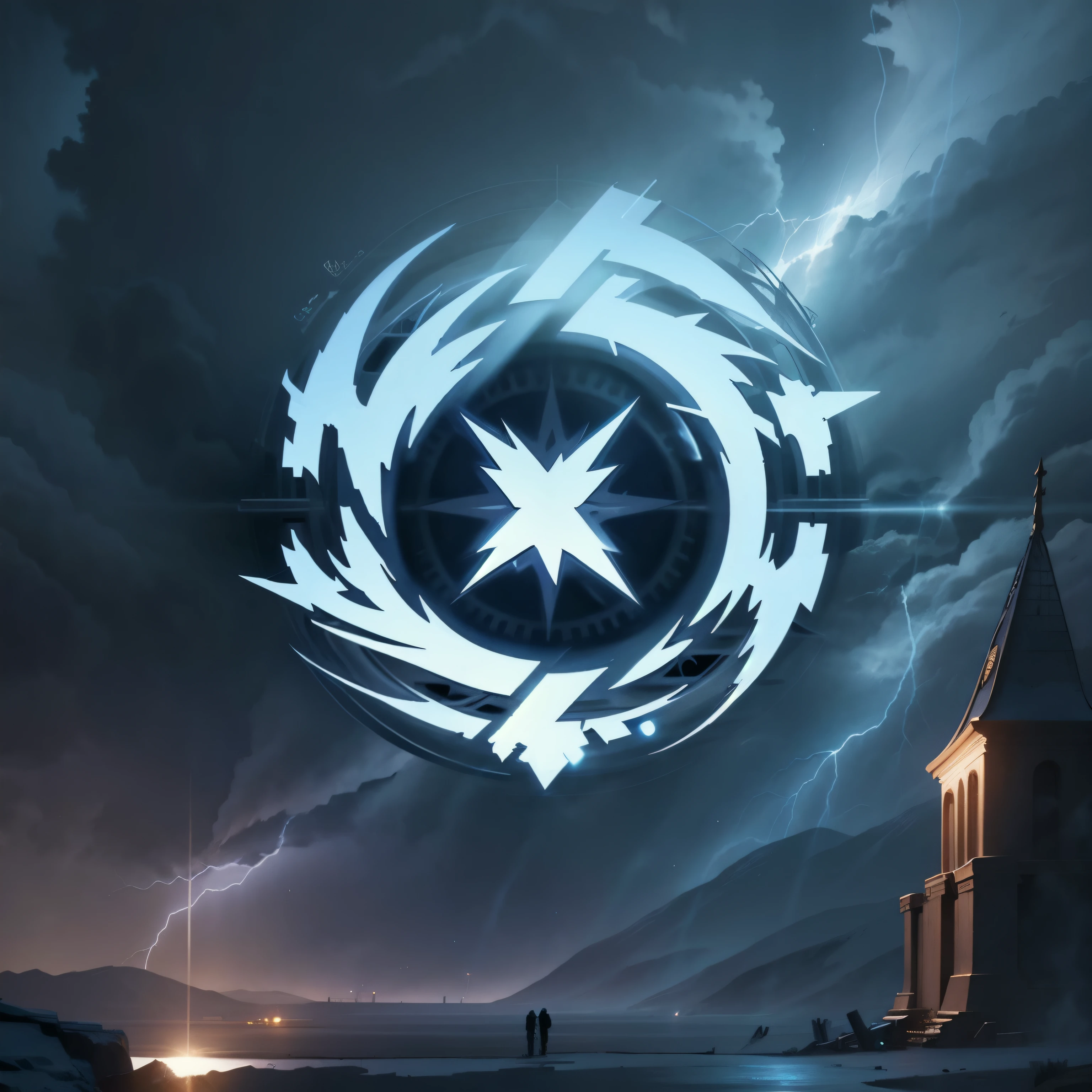 a logo using a huge radio, lightning cutting through everything, very simple for a lightning faction in an RPG world, thunder emblem, only light blue color, hectic, frantic, posh, high qualiy, com fundo branco