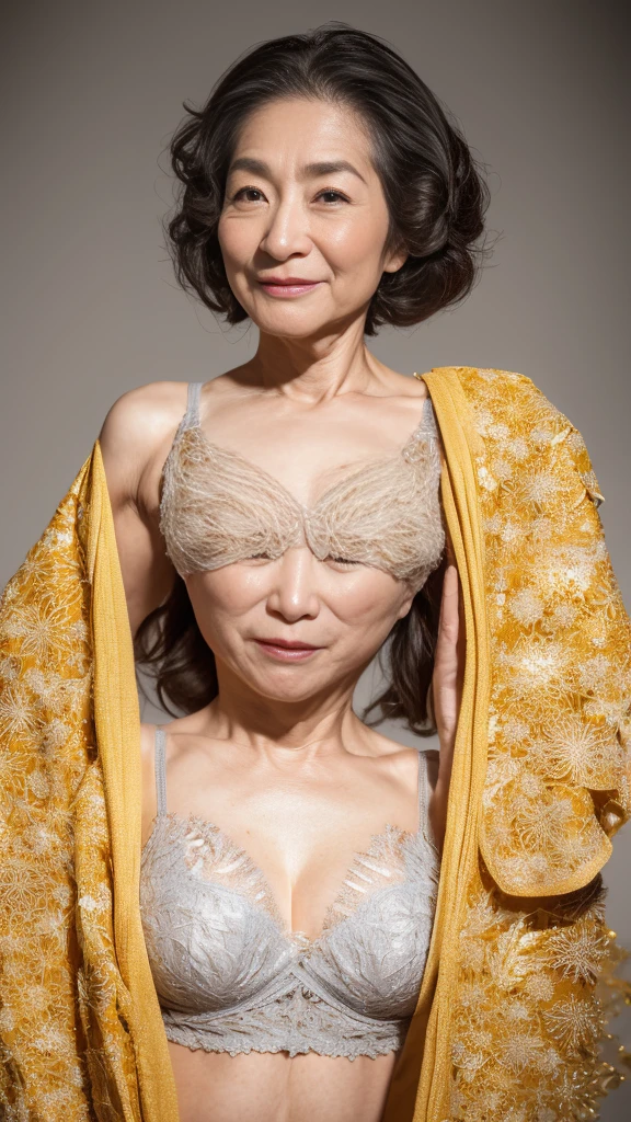 In front of the gold screen, Auntie, Attention, ((Fractal Art)), (((masterpiece))), 8K, Clear images, (((alone))), (((Older Japanese Mature))), Pure white background, Gray Hair, please lower your arms, Wear a flashy bra, gravure, look forward to, ((Mature woman with an old face)),