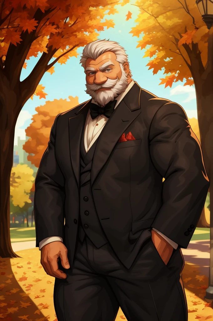 a muscular old man in park, happy, autumn, suits, vector, mwvector, bokeh, smile, (masterpiece:1.2),(best quality,8k),huge and muscular,thick arms,short hair,white hair