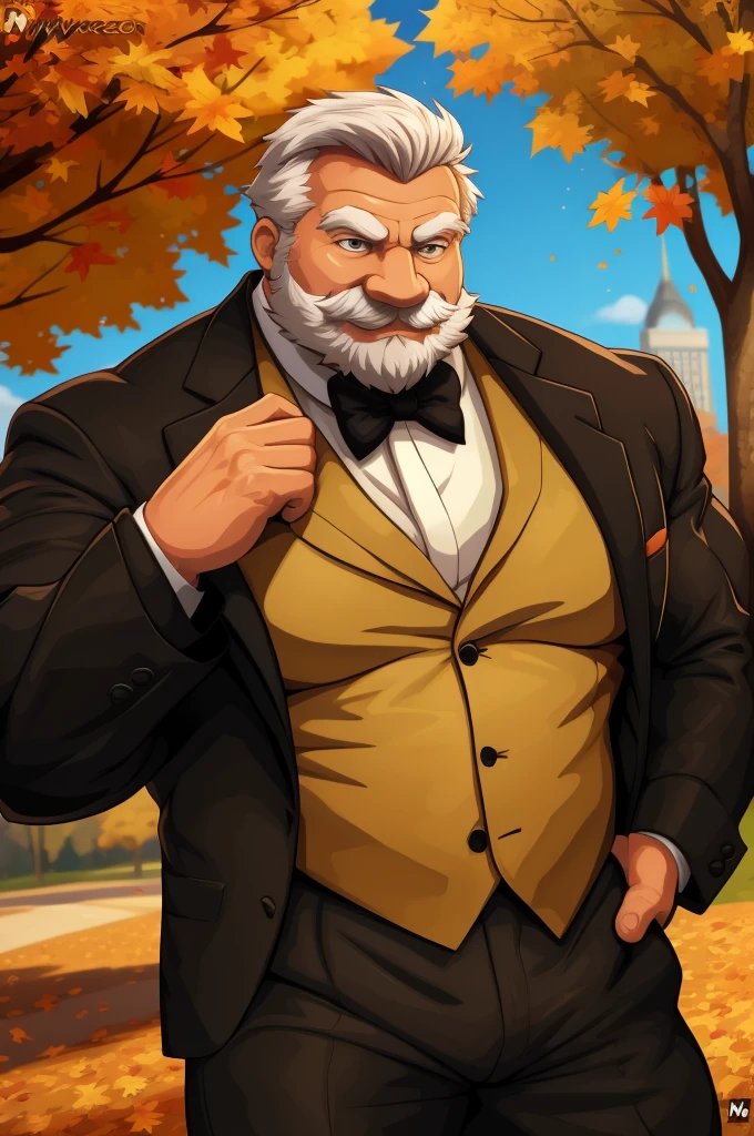 a muscular old man in park, happy, autumn, suits, vector, mwvector, bokeh, smile, (masterpiece:1.2),(best quality,8k),huge and muscular,thick arms,short hair,white hair