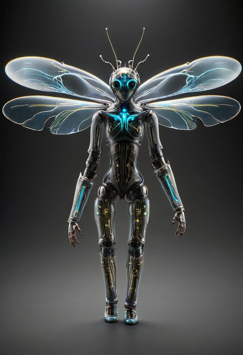 The portrait of a young electronic mechanical insect android flying in the dark and showing its circuits and gears through its transparent plastic skin.