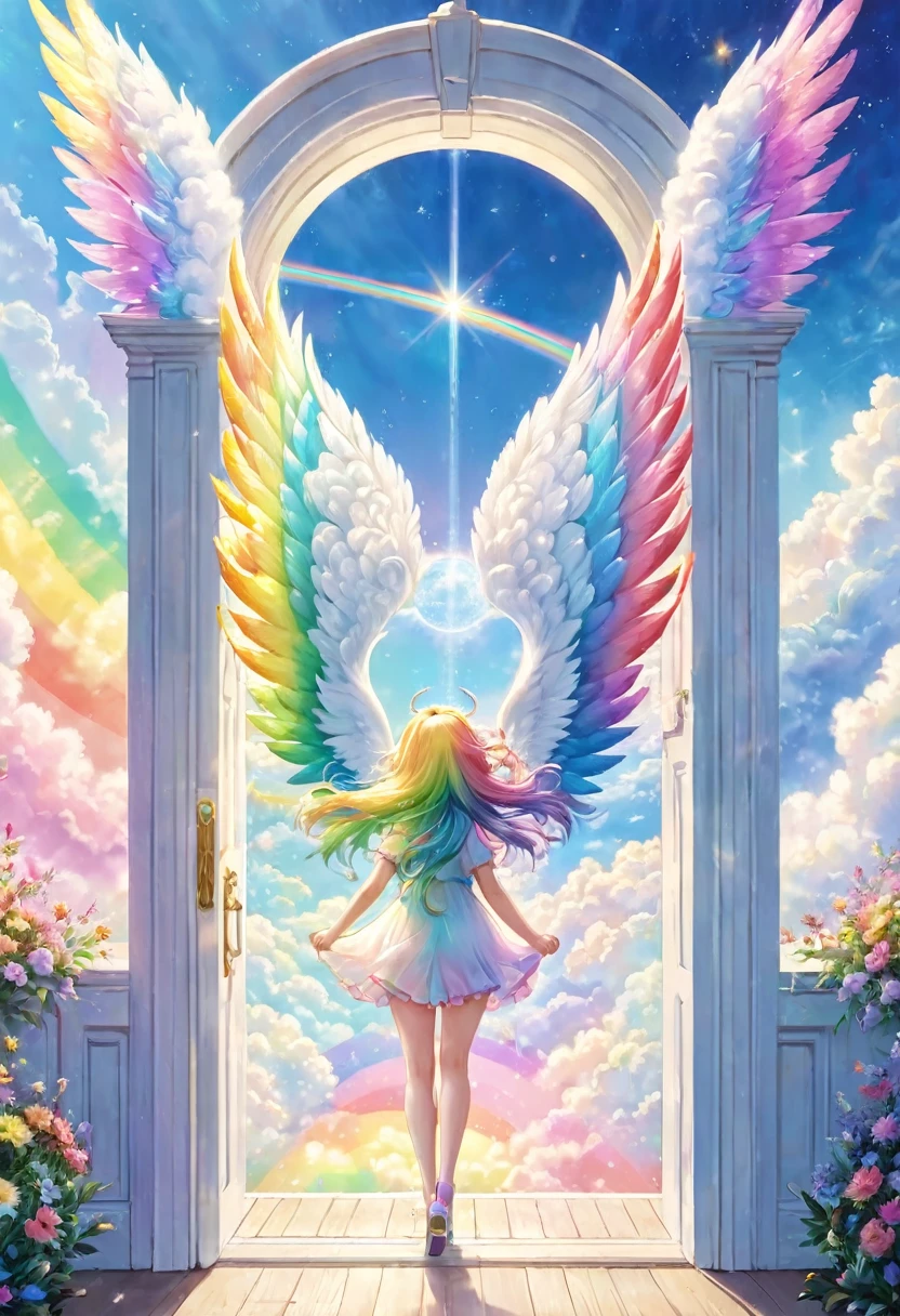 Angels Has rainbow pastel colored wings reunite in front of the big white door of heaven, joy, happiness, smiles, shining space, above the clouds, rainbow bridge