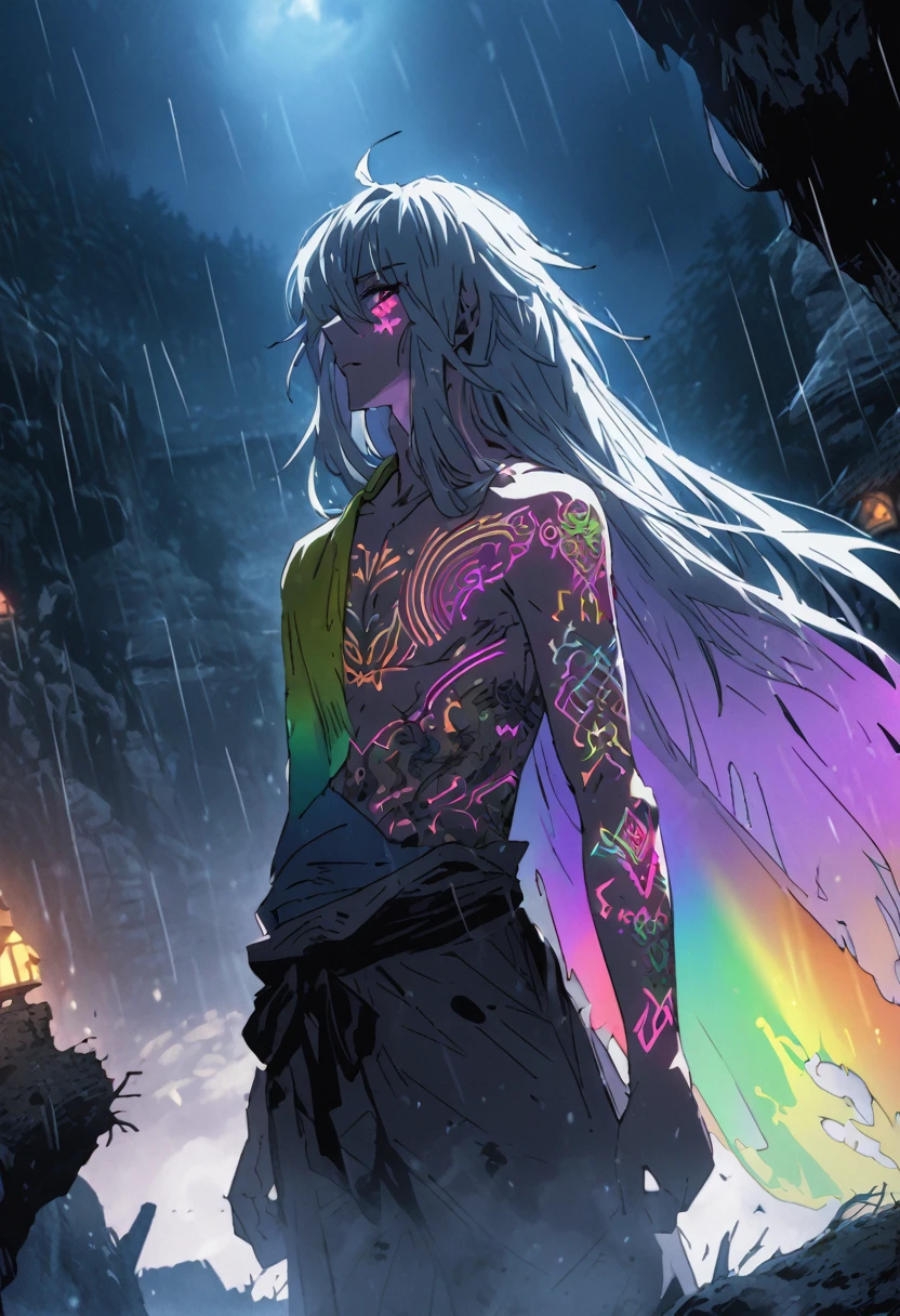 An ethereal sultryseductivedemonic 20 year old anime male druid with metallic long hair and tattoos, delicate masterpiece intimate glowing neon tattoos, anime druid demon male hellscape at night, manga inspired by Masashi Wakui, rainbow color palette, atmospheric fog, decay, worn textures, rain-soaked fantasy village, manga-style illustration --s 150 --ar 1:2 --c 5 Removed From Image