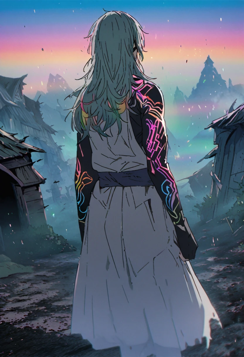 An ethereal sultryseductivedemonic 20 year old anime male druid with metallic long hair and tattoos, delicate masterpiece intimate glowing neon tattoos, anime druid demon male hellscape at night, manga inspired by Masashi Wakui, rainbow color palette, atmospheric fog, decay, worn textures, rain-soaked fantasy village, manga-style illustration --s 150 --ar 1:2 --c 5 Removed From Image