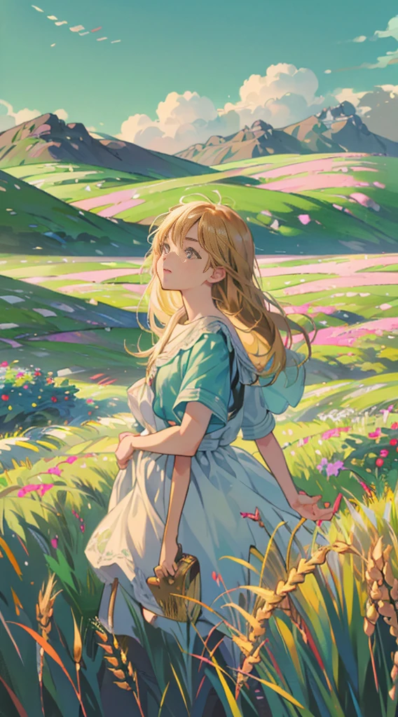 Fresh painting style,In the wheat field,A girl,Keep your hands out of the sun,Bright sky,The perspective of looking up,Anime characters,ultra - detailed,Highly realistic,tmasterpiece,8K,hyper HD,