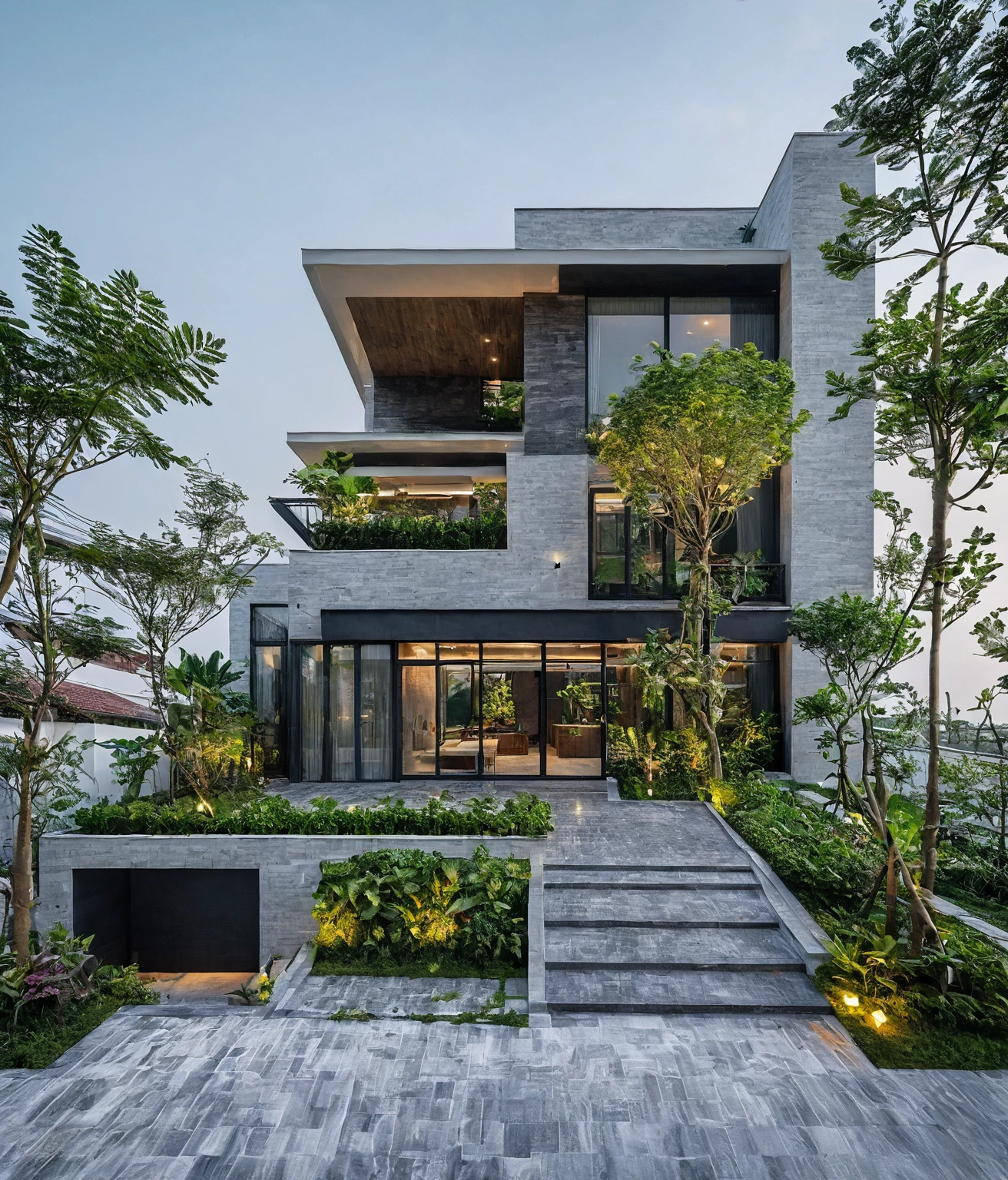 modern villa, modern style, ventilation tiles open space loft villa with roof garden, modern, dynamic (RAW photo, real, best quality, masterpiece:1.2), (hyper realistic, photo-realistic:1.2), high quality, (dark lighting:1.2), perfect lighting, archdaily, architecture digest award wining sustainable architecture, cinematic