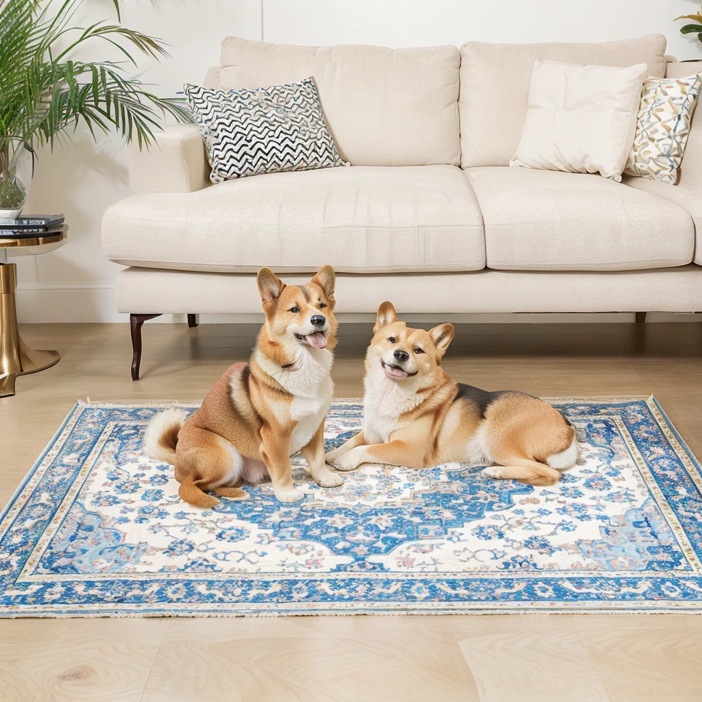 there are Two dogs sitting on a carpet in a living room, Shiba Inu and Corgi sitting in the room, carpet, detailed patterned carpet, Designed for comfort and aesthetics!, pet, Two dogs, Place in the living room, oriental car, Placed in a large living room, Gorgeous Features, Inspired by Shiba Kōkan, persian，Japanese interior decoration style，Natural light and shadow，Warm environment，High-end