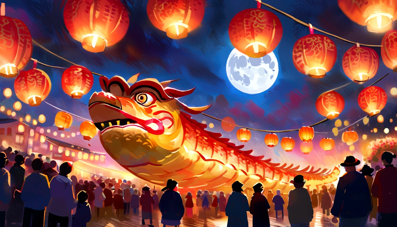 Festive lanterns, Family reunion, Moon cake, Moon viewing, Impressionism, Dragon dance, Panoramic view, Warm light, Festive lighting, Colorful light