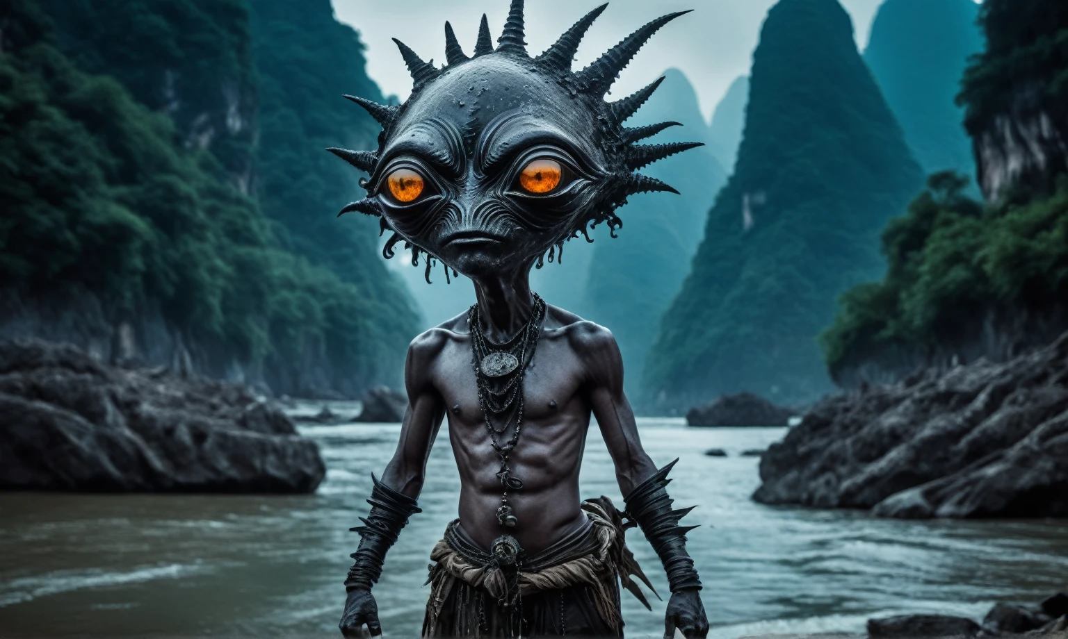 full body length shot,beggar graphite  Alien Entity,native africa sparas,slave ,nowadays azctec central city,Cinematic,soft colors, Technicolor,natural skin textures, hyper realism, hyper detailed,Extremely detailed,High contrast,Masterpiece,Realistic,Ultra Detailed, intricate details,realistic humid leather,extremely intricate details,Epic Realistic, cinematic style, irina yermolova,high contrast,hdr,extremely detailed, [deep night landscape],masterpiece, intricate details, eyes extremely detailed, high detailed eyes,8k resolution,retina, Nikon Z9,Korea,orc,Li River in Guangxi Zhuang of Italia, Pisces, transition between two art styles, Double contact, X-ray, Creative, vivid light, fantasy, Abstract, Surrealism, super detailed, high resolution,insanity wear,skin  almost translucent,  symbols of mourning and gothic elements, further emphasizing its dark air,Mestichino,Light particles,chaos,starfish's leather
