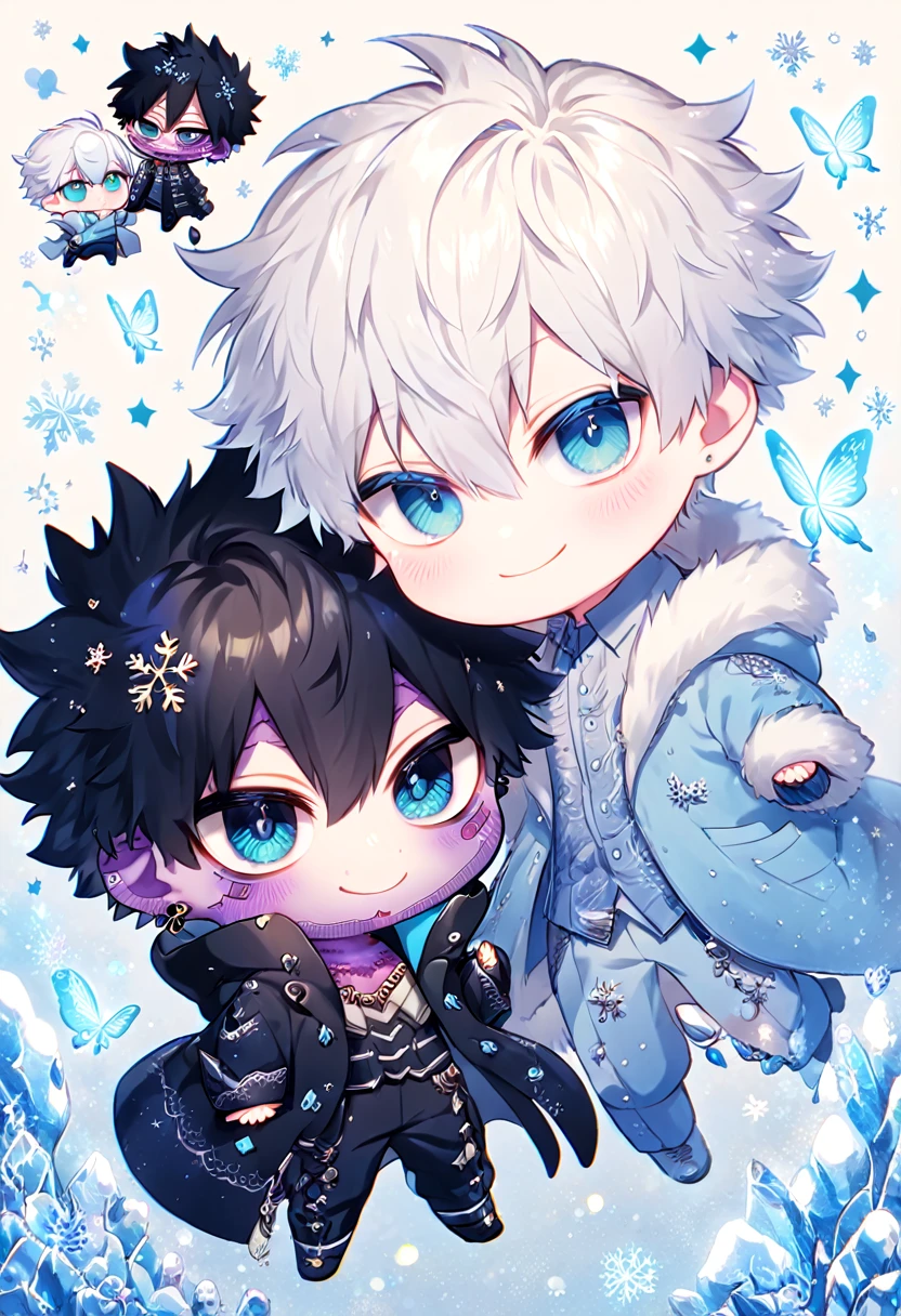 absurdres, highres, ultra detailed, HDR, master piece, best quality, extremely detailed face, delicated features, Dabi chibi, black hair, expressive turquoise eyes, Boku No Hero Academia, Gojou Satoru chibi, white hair, expressive blue eyes, white eyelashes, two boys together, yaoi, gay couple, cute, smiling, blue jacket with fur, black coat, fantasy, magical, ice, blue fire, ice butterflies, snowflakes, starry night