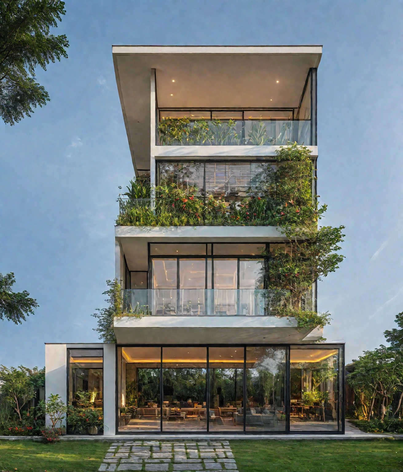 modern villa, modern style, glass open space loft villa with roof garden, modern, dynamic (RAW photo, real, best quality, masterpiece:1.2), (hyper realistic, photo-realistic:1.2), high quality, (dark lighting:1.2), perfect lighting, archdaily, architecture digest award wining sustainable architecture, cinematic