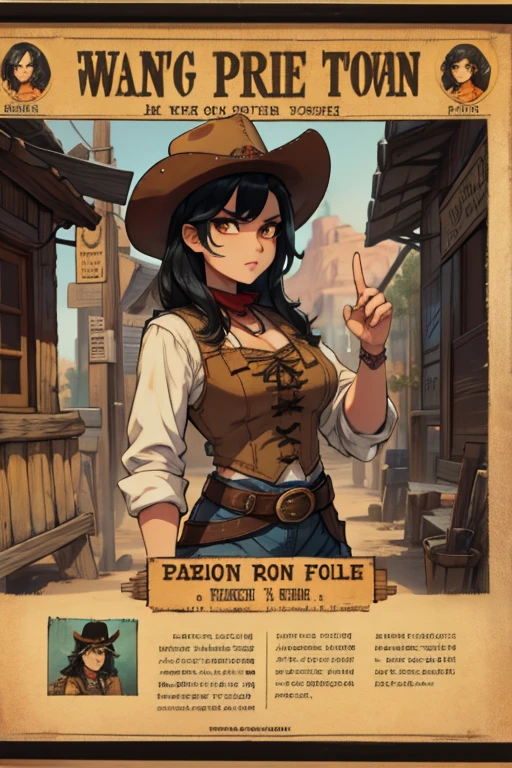 perfect face, perfect hands. A black haired female cowgirl with orange eyes in a conservative cowgirl outfit is hanging up wanted posters in a wild west town