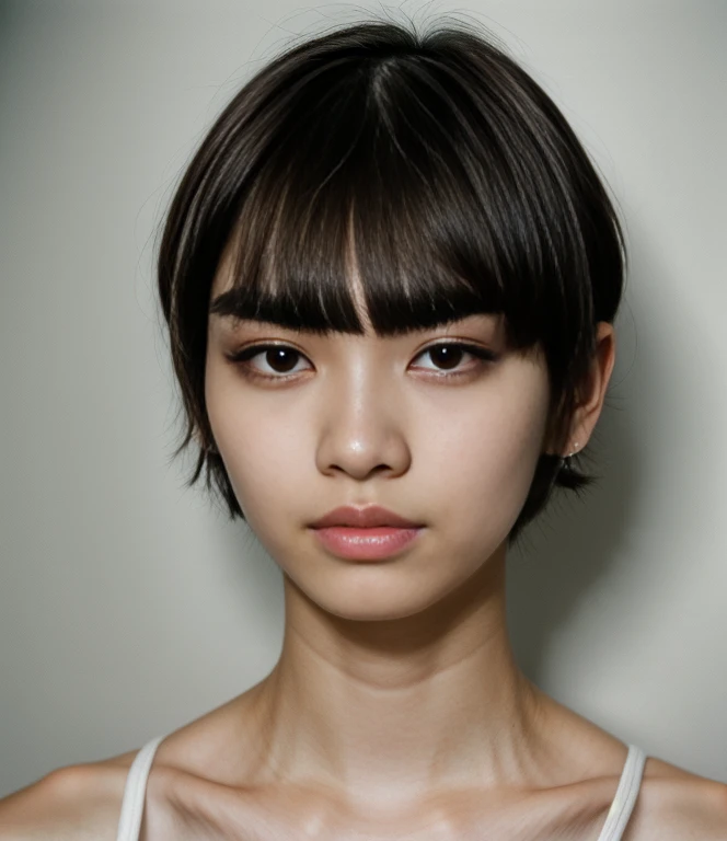 Portrait of 22years old japanese man, (black mushroom cut hair and clean), fresh skin, narrow and small eyes, ((single eyelid:1.5)), ((thin eyebrows, light eyebrows:1.4)), hollow cheeks, closed mouth, (fashion model, runway:1.2), the image is horizontal for banner space, showing a close-up of a human subject in the right position, It is photorealistic, a natural shot captured by the best studio photographer, epiC35mm