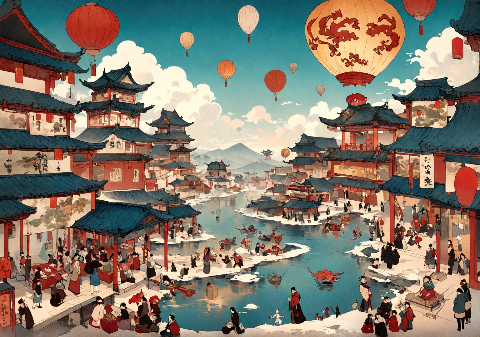 Chinese New Year greeting card，Carry a bag of gifts with you，Gift bag with snacks，clothing，New Year goods，dynamic elements，Background: Blue sky and white clouds，5 small hot air balloons，hot air balloon loop，There is a lottery，new year market，new year atmosphere，promotional，Chinese style，exciting illustration, Inspired by Puhua, Huanglongtou Festival, A colorful festival, Inspired by Cao Buxing, Inspired by Gong Xian, Popular topics on cgstation, Great view, A beautiful artistic illustration, Inspired by Dong Yuan, 2447, inspired by Zou Yigui，chinese new year poster design with a dragon and people, poster illustration, A beautiful artistic illustration, illustrated poster, painted illustration poster, digital illustration poster, poster design, japanese inspired poster, flat illustration, More detailed illustrations, poster, Chinese heritage, Colorful illustrations, 2d matte illustration, 8 hours, Best adobe stock，best quality, masterpiece, ultra high resolution