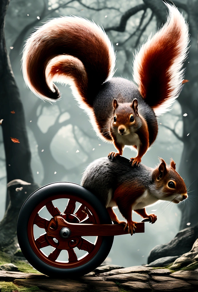 illustration for the idiom spinning like a squirrel in a wheel, digital painting, 8K, octane ink, digital art, 8K resolution, 4K resolution, aesthetics". Fairytale illustration of a squirrel running in a wheel