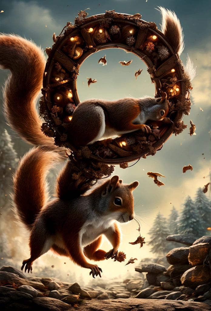 illustration for the idiom spinning like a squirrel in a wheel, digital painting, 8K, octane ink, digital art, 8K resolution, 4K resolution, aesthetics". Fairytale illustration of a squirrel running in a wheel