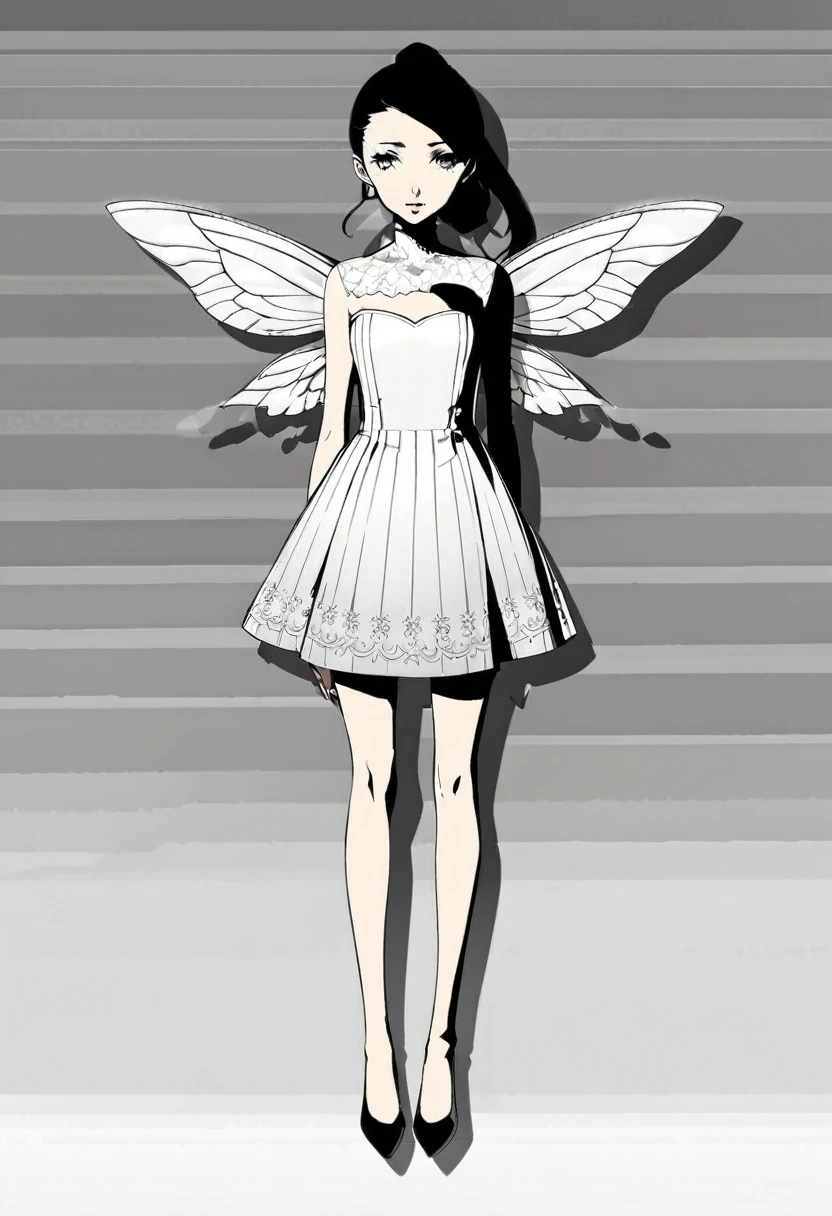 A woman in a white dress and black shoes stands in front of a white wall, Full body fairy, Full body portrait, Official Character Art, Wearing white clothes, Cute anime girl in a beautiful skirt, Full body portrait, Full body illustration, Full body portrait, anime Full body illustration, Official character illustrations, High quality color sketch