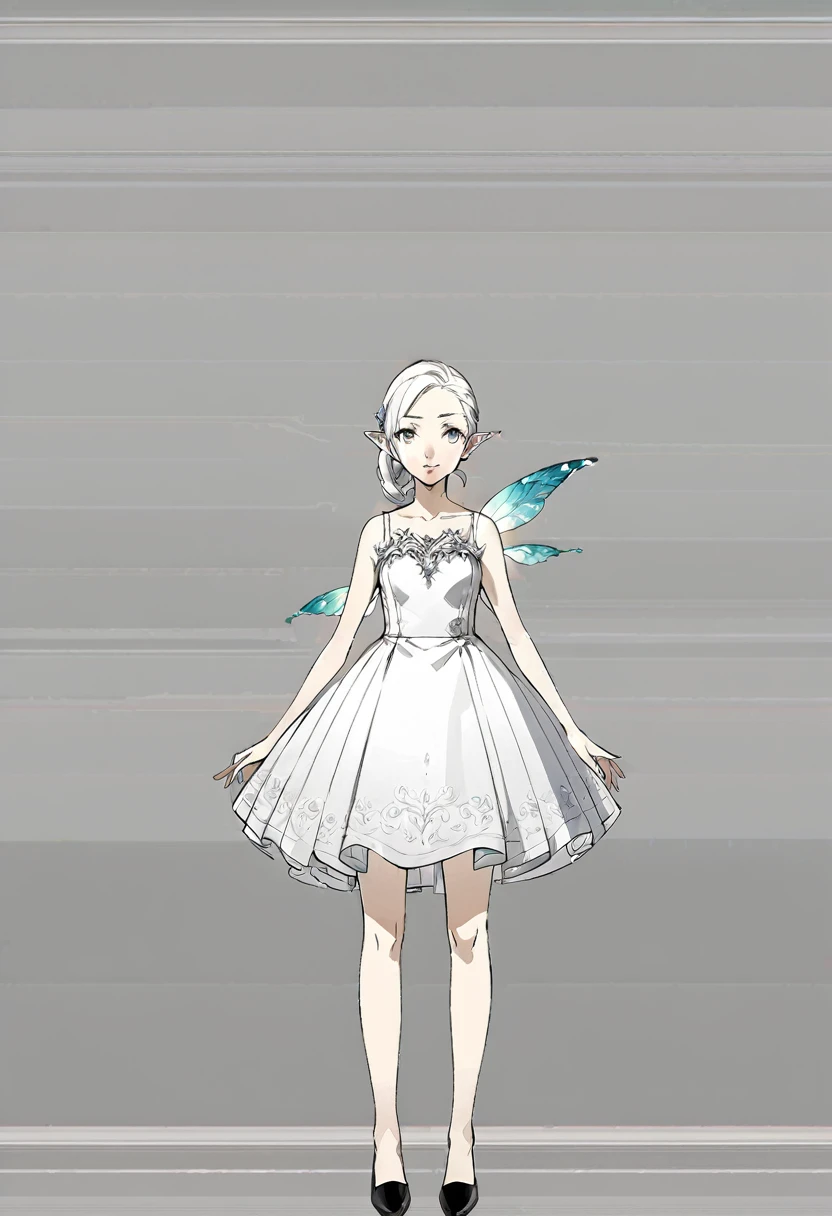 A woman in a white dress and black shoes stands in front of a white wall, Full body fairy, Full body portrait, Official Character Art, Wearing white clothes, Cute anime girl in a beautiful skirt, Full body portrait, Full body illustration, Full body portrait, anime Full body illustration, Official character illustrations, High quality color sketch