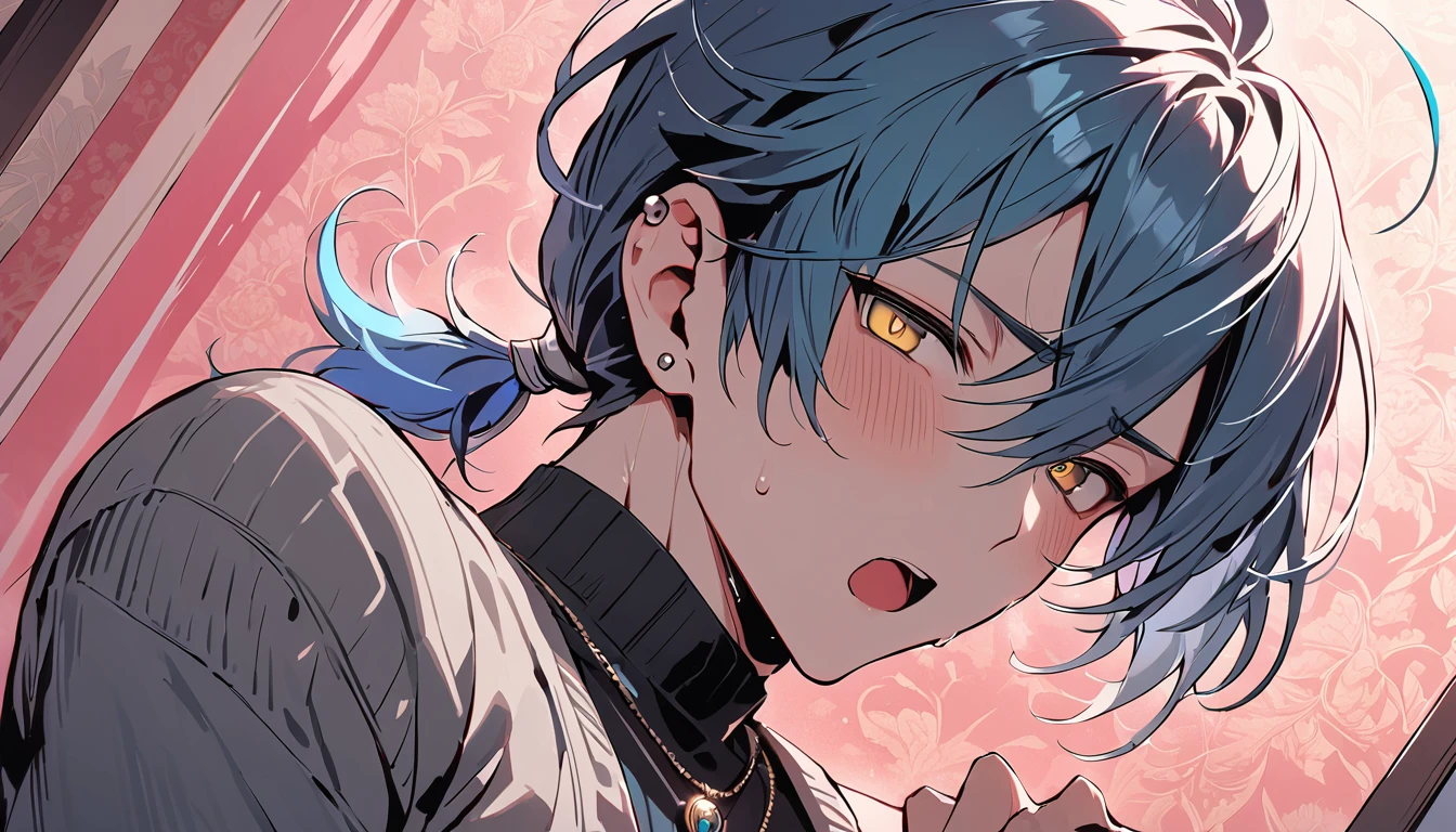 ((((best masterpiece, best quality, wallpaper,)))) solo, guy, male body, small muscles, flat chest, 1male, 30 years old, handsome man, dramatic angle, upper body, looking at viewers, beautiful detailed, mediumturquoise hair, ((((Lower short ponytail)))), asymmetrical bangs, ((short hair,)) blush stickers, sweat, (((perfect face, extremely detailed eyes,))) ((( jitome, gold eyes, ^o^, tareme, droopy eyes,))) perfect hands, sharp nose, clear face, black turtleneck, grey cardigan, ((silver piercing, pendant,)) leggings, pink background color ultrasharp, 8K, masterpiece,