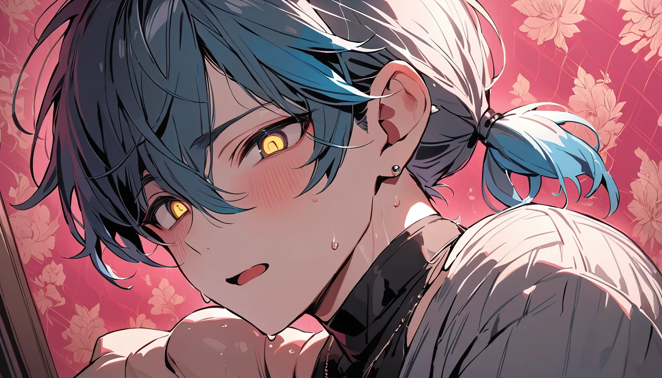 ((((best masterpiece, best quality, wallpaper,)))) solo, guy, male body, small muscles, flat chest, 1male, 30 years old, handsome man, dramatic angle, upper body, looking at viewers, beautiful detailed, mediumturquoise hair, ((((Lower short ponytail)))), asymmetrical bangs, ((short hair,)) blush stickers, sweat, (((perfect face, extremely detailed eyes,))) ((( jitome, gold eyes, ^o^, tareme, droopy eyes,))) perfect hands, sharp nose, clear face, black turtleneck, grey cardigan, ((silver piercing, pendant,)) leggings, pink background color ultrasharp, 8K, masterpiece,