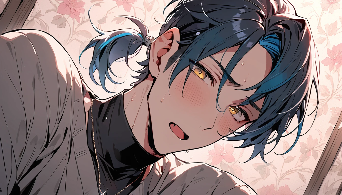 ((((best masterpiece, best quality, wallpaper,)))) solo, guy, male body, small muscles, flat chest, 1male, 30 years old, handsome man, dramatic angle, upper body, looking at viewers, beautiful detailed, mediumturquoise hair, ((((Lower short ponytail)))), asymmetrical bangs, ((short hair,)) blush stickers, sweat, (((perfect face, extremely detailed eyes,))) ((( jitome, gold eyes, ^o^, tareme, droopy eyes,))) perfect hands, sharp nose, clear face, black turtleneck, grey cardigan, ((silver piercing, pendant,)) leggings, pink background color ultrasharp, 8K, masterpiece,