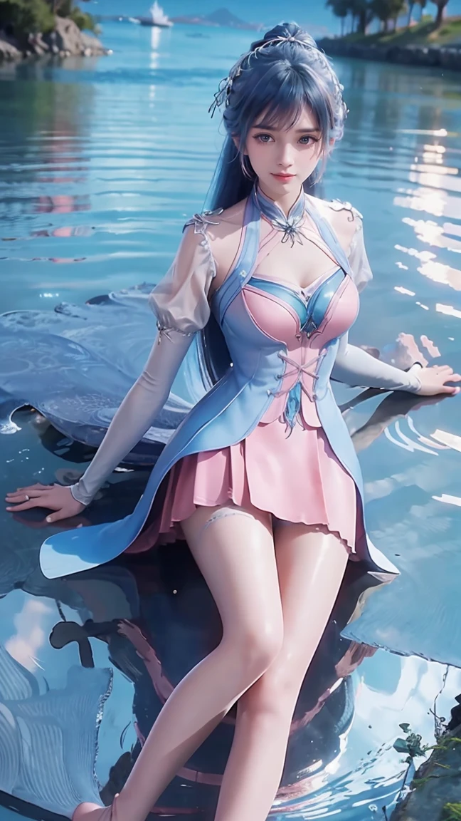 一个穿着连衣裙的女孩躺在Starry Sky下的床上,Exquisite smile,Beautiful and delicate eyes,Beautiful and delicate lips,Extremely detailed face and eyes,Long eyelashes,Full body,Flowing hair,belly button,best quality,excellent work,Super,(Reality:1.4),RAW photos,(Beautiful face:1.2),(Lying on the water:1.5),1 girl,(absurd),(8K), (4K),Octane Rendering,Starry Sky,((Full body view)),Wearing crystal barefoot,Cross-legged,Double tail,Colored hair,Blue and Pink Ombre Hair