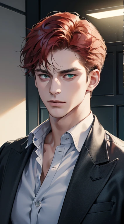 (best quality, masterpiece, 8K, photorealistic, cinematic lighting, 1:4 hdr image, ultra detailed, beautiful image), a mature man, 34 years very handsome, ((cold expression)), short red hair, green eyes, face perfect without mistakes, ((buttoning his jacket, CEO))