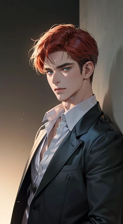 (best quality, masterpiece, 8K, photorealistic, cinematic lighting, 1:4 hdr image, ultra detailed, beautiful image), a mature man, 34 years very handsome, ((cold expression)), short red hair, green eyes, face perfect without mistakes, ((buttoning his jacket, CEO))