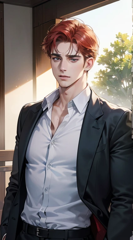 (best quality, masterpiece, 8K, photorealistic, cinematic lighting, 1:4 hdr image, ultra detailed, beautiful image), a mature man, 34 years very handsome, ((cold expression)), short red hair, green eyes, face perfect without mistakes, ((buttoning his jacket, CEO))