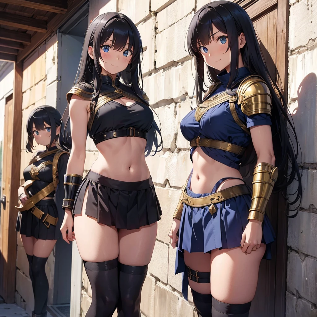a beautiful Greek warriors girls standing guard at a door, Greek warrior, girls ,tanned skin, brown skin, ancient Greece, classical Greece, black armor ,slim body, defined abdomen , warrior woman, short skirt, l ight armor, black hair, blue eyes , green eyes , smile
