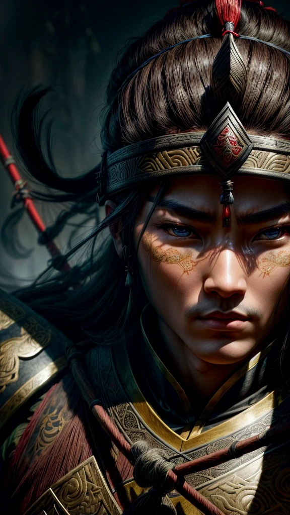 a chinese warrior archer,ancient chinese samurai archer,ancient chinese warrior archer,bowmen archer,bowmen archers firing arrows,ancient chinese military archers,ancient chinese archery,traditional chinese archery,epic fantasy ancient china,ancient chinese warfare,detailed realistic illustration,highly detailed,digital art,beautiful detailed eyes,beautiful detailed lips,extremely detailed eyes and face,long eyelashes,extremely detailed armor,ornate armor,intricate armor details,medieval chinese weaponry,classic chinese landscape,dramatic cinematic lighting,dramatic cinematic pose,dramatic action scene,epic battle scene,(best quality,4k,8k,highres,masterpiece:1.2),ultra-detailed,(realistic,photorealistic,photo-realistic:1.37),vibrant colors,dramatic lighting,cinematic composition,studio lighting