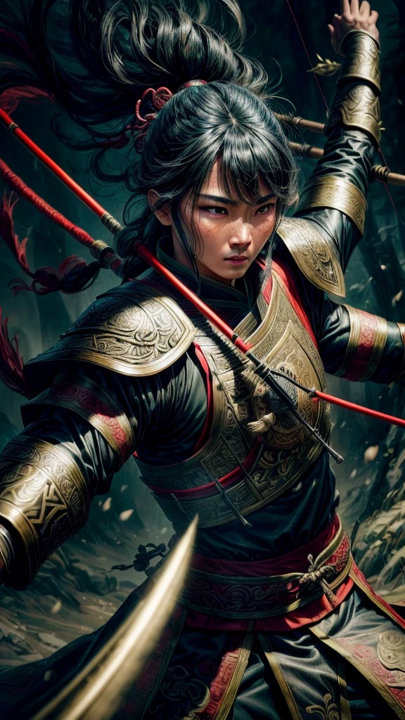 a chinese warrior archer,ancient chinese samurai archer,ancient chinese warrior archer,bowmen archer,bowmen archers firing arrows,ancient chinese military archers,ancient chinese archery,traditional chinese archery,epic fantasy ancient china,ancient chinese warfare,detailed realistic illustration,highly detailed,digital art,beautiful detailed eyes,beautiful detailed lips,extremely detailed eyes and face,long eyelashes,extremely detailed armor,ornate armor,intricate armor details,medieval chinese weaponry,classic chinese landscape,dramatic cinematic lighting,dramatic cinematic pose,dramatic action scene,epic battle scene,(best quality,4k,8k,highres,masterpiece:1.2),ultra-detailed,(realistic,photorealistic,photo-realistic:1.37),vibrant colors,dramatic lighting,cinematic composition,studio lighting