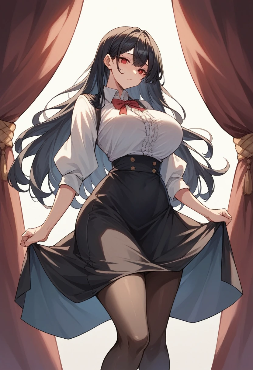 (One tall woman,Black Hair,Long hair,Red Eyes,Large Breasts,Wide thighs)Ruffled shirt,Black long skirt,black tights