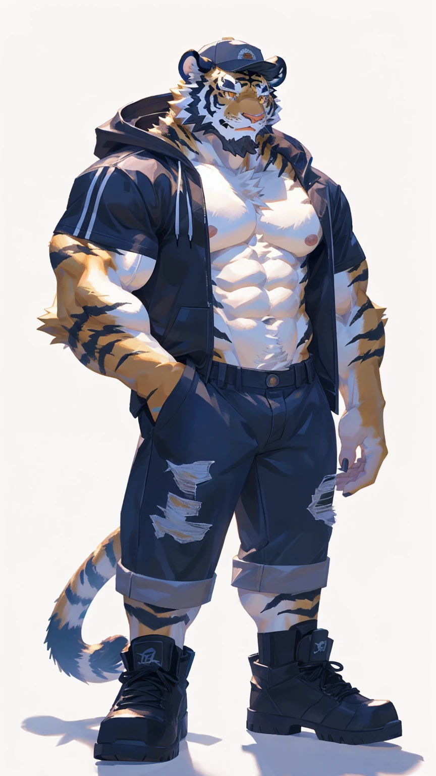 (masterpiece:1.2), best quality,pixiv,official art,perfect anatomy, (Ray tracing, light),solo, (1_male:1.3) , (muscle), (all white fur:1.4), (muscle white tiger), (beard:1.2), (gleaming golden eyes), tiger tail, full body, Thick black eyebrows, baseball cap, (open short hoodie), (naked inside),Ripped short jeans, black short boots, (pure white background: 1.3)