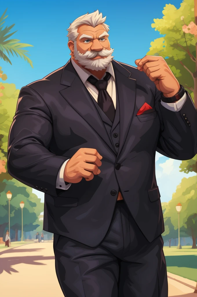 a muscular old man in park, happy, summer, suits, vector, mwvector, bokeh, smile, (masterpiece:1.2),(best quality,8k),huge and muscular,thick arms,short hair,white hair