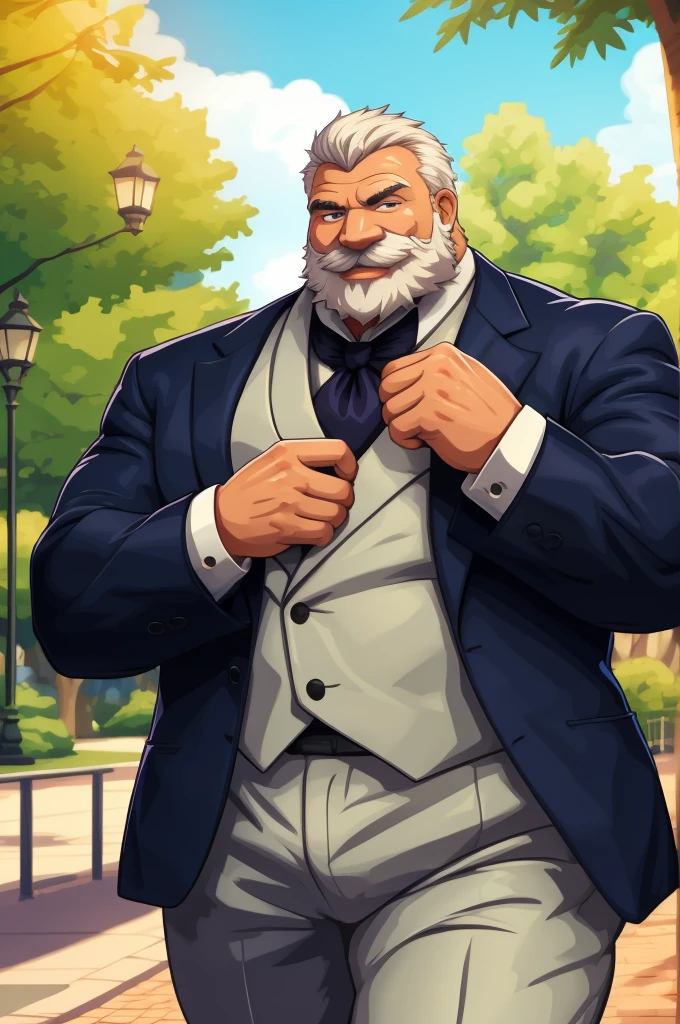 a muscular old man in park, happy, summer, suits, vector, mwvector, bokeh, smile, (masterpiece:1.2),(best quality,8k),huge and muscular,thick arms,short hair,white hair