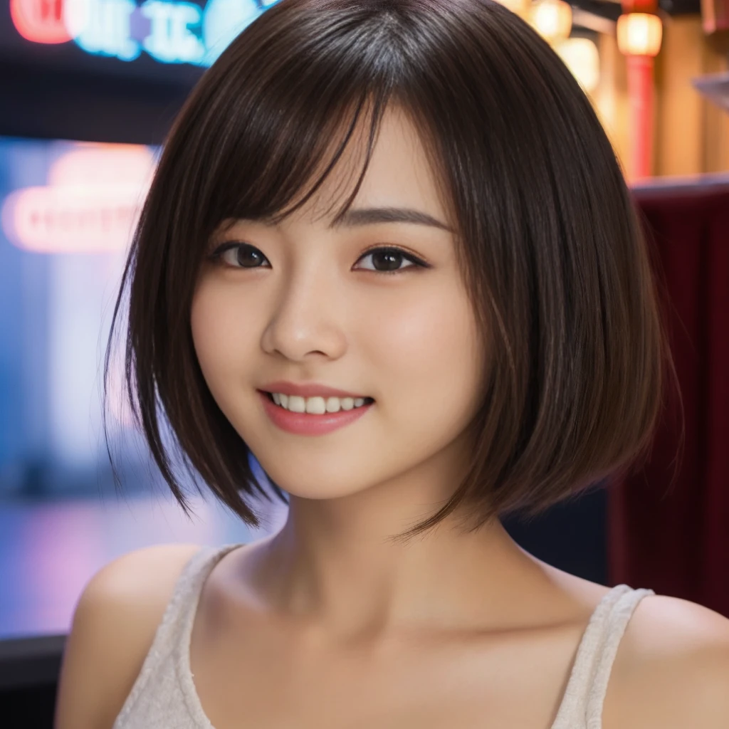 (1 ultra cute japanese girl, short hair:1.5), part-time job at a bar,detailed face, ultra detailed eyes, incredible beautiful eyes, symmetry dropped eyes,charming eyes, No makeup, big smile,Enthusiastic belly laugh, open mouth, best quality, 4k, 8k, highres, masterpiece, ultra-detailed, realistic, photorealistic, photo-realistic, HDR, UHD, studio lighting, ultra-fine painting, sharp focus, physically-based rendering, extreme detail description, professional, vivid colors, bokeh