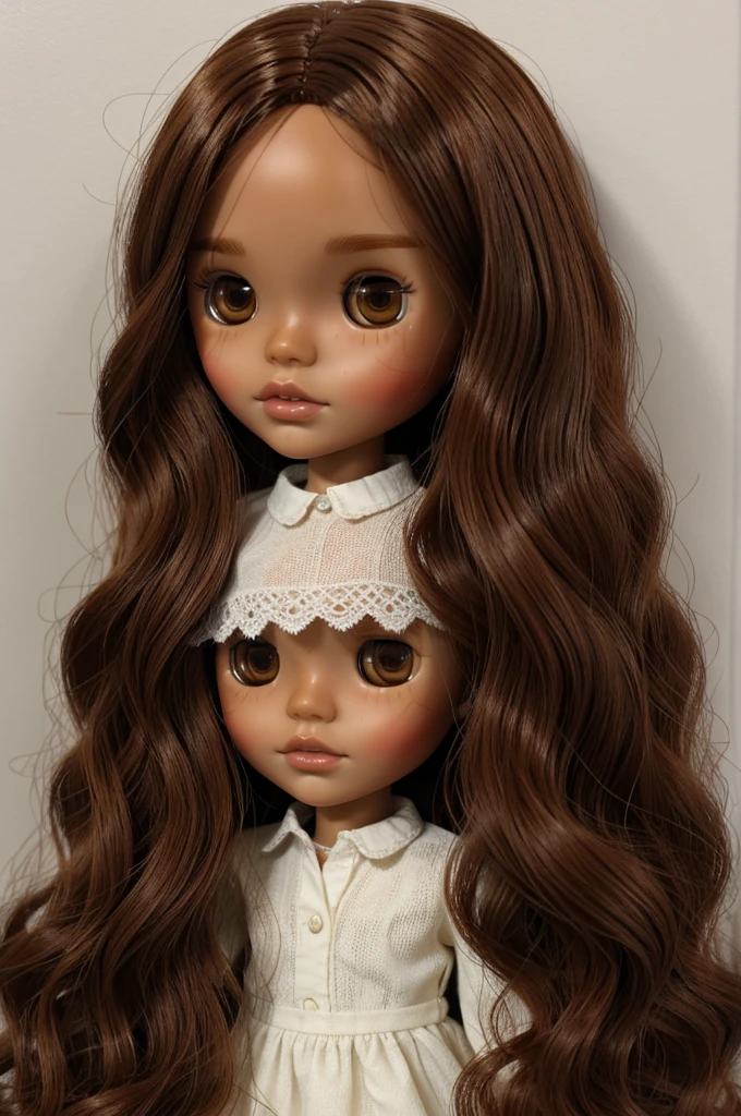 Blythe Doll with BROWN skin , Brown eyes, no bangs, with waves, Brown skin, Medium long reddish hair reaching brown 