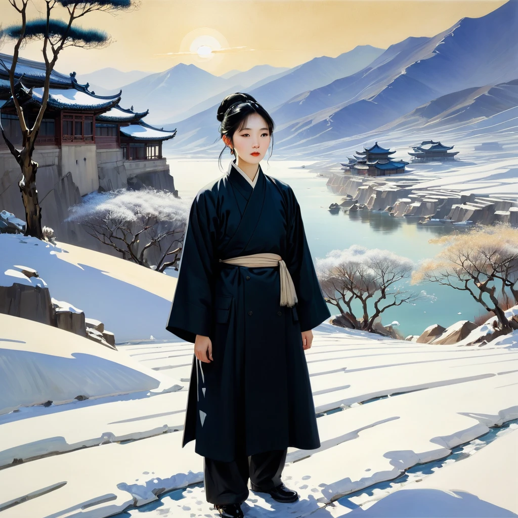 aesthetic, extremely detailed, Renowned, Masterful, Painting, mid shot, Wu Guanzhong's style, thoughtful, traditional Chinese art materials, serene environment, natural light, rice paper, ink, traditional Chinese, Impressionist, capturing the beauty of the Chinese landscape, intricately detailed, expressive brushstrokes, Wu Guanzhong, J.M.W. Turner, John Singer Sargent, Joaquin Sorolla, Zhang Daqian, snow in background