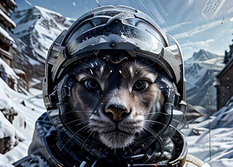 Astronaut looking scared at the spectator, transparent space helmet visor, In the scenario there are immense frozen mountains. The soil and frozen environment, snow covered, icy storm