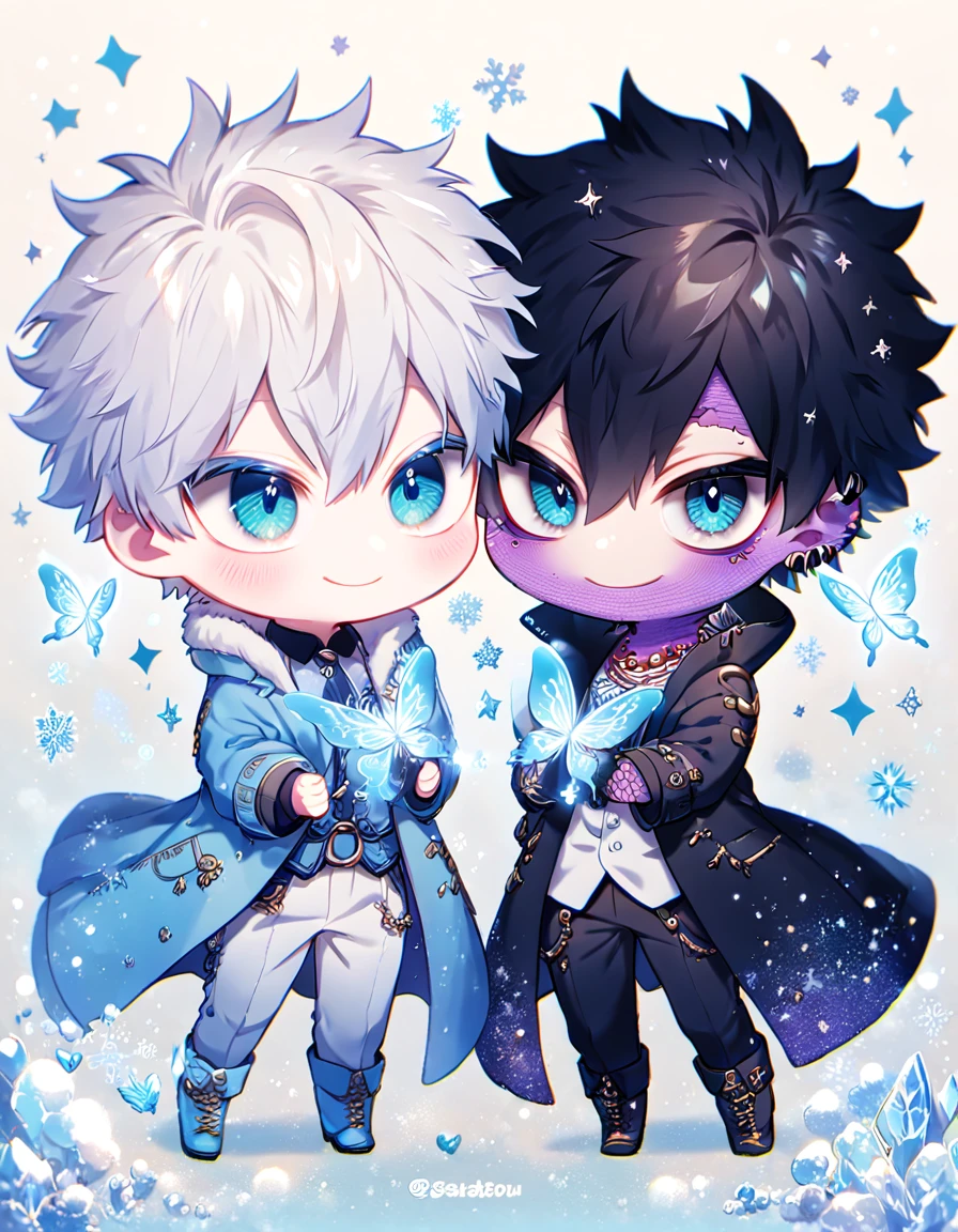 absurdres, highres, ultra detailed, HDR, master piece, best quality, extremely detailed face, delicated features, Dabi chibi, black hair, expressive turquoise eyes, Boku No Hero Academia, Gojou Satoru chibi, white hair, expressive blue eyes, white eyelashes, two boys together, yaoi, gay couple, cute, smiling, blue jacket with fur, black coat, fantasy, magical, ice, blue fire, ice butterflies, snowflakes, starry night