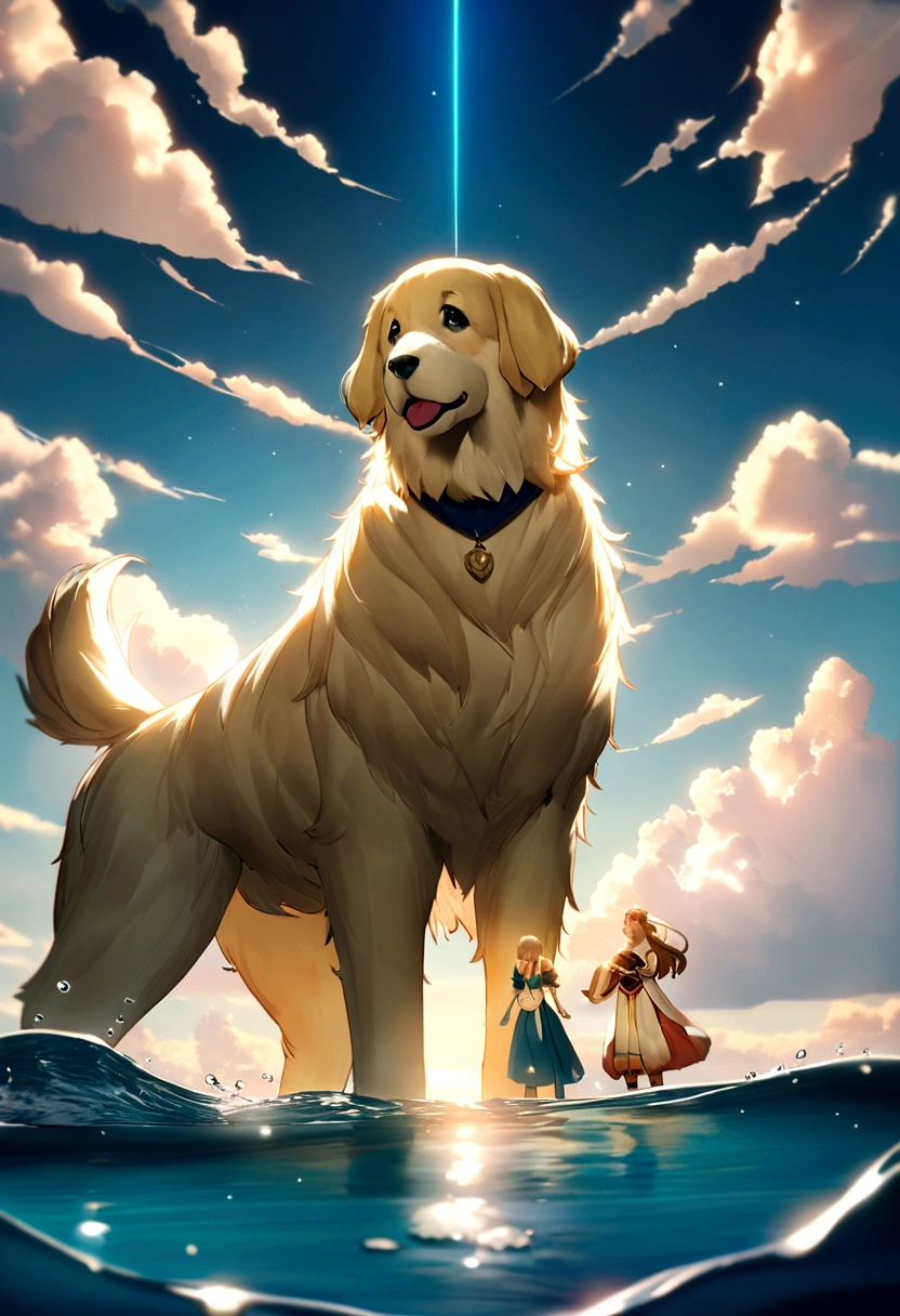A poignant ultra-high-definition 3D scene showing a Golden Retriever, With Pokémon Making a Wish Next to a Tranquil Lake. lindamente renderizado em detalhes, is seen gently blowing bubbles into the air, each carrying a hopeful desire. As bolhas captam o reflexo do sol poente, criando um sonhador, magical effect. The general atmosphere is tender, full of hope and serenity