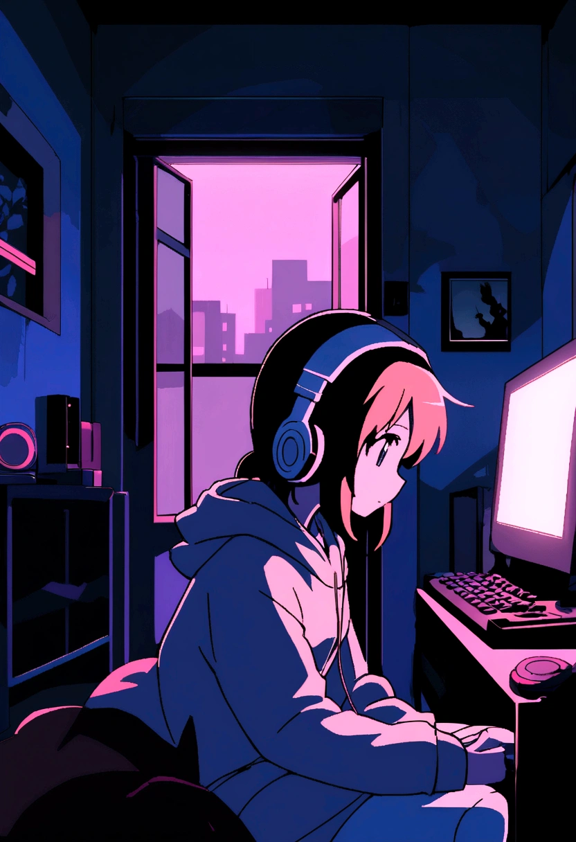 Girl listening to music in a cozy room at night, Using headphones, 2D style anime, Lo-fi, HD, Dark environment