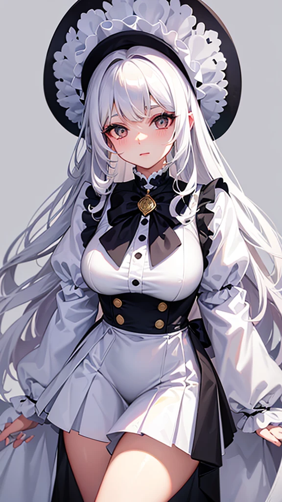 A woman with white hair, long curly hair, white eyes, wearing a cute outfit.