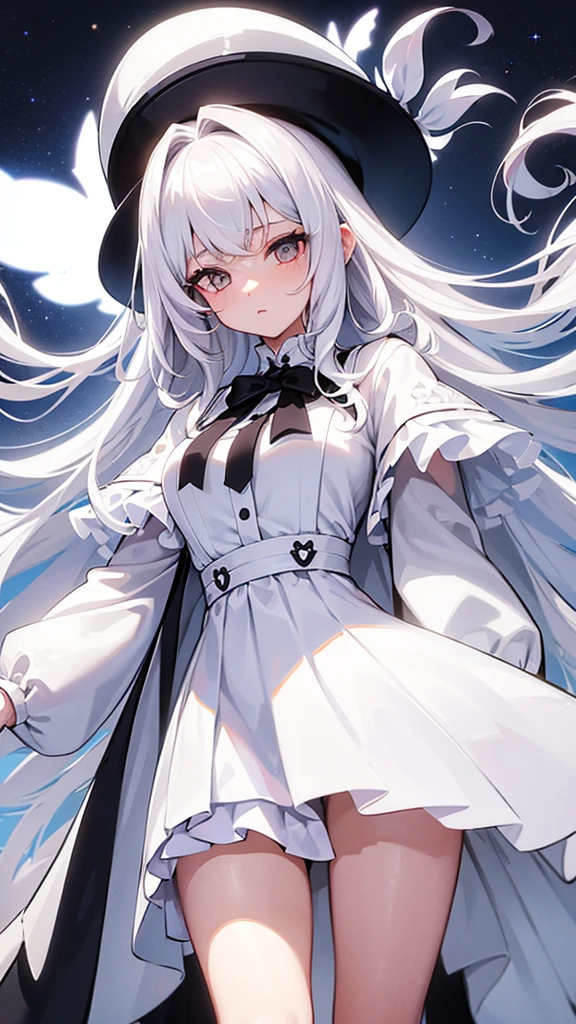A woman with white hair, long curly hair, white eyes, wearing a cute outfit.